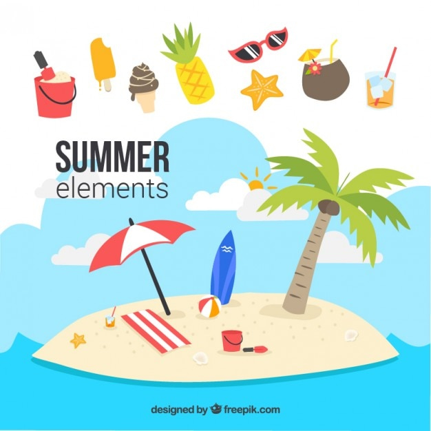  tree, design, summer, sea, beach, sun, holiday, flat, palm tree, umbrella, elements, ocean, flat design, pineapple, coconut, palm, vacation, island, sand, summer beach