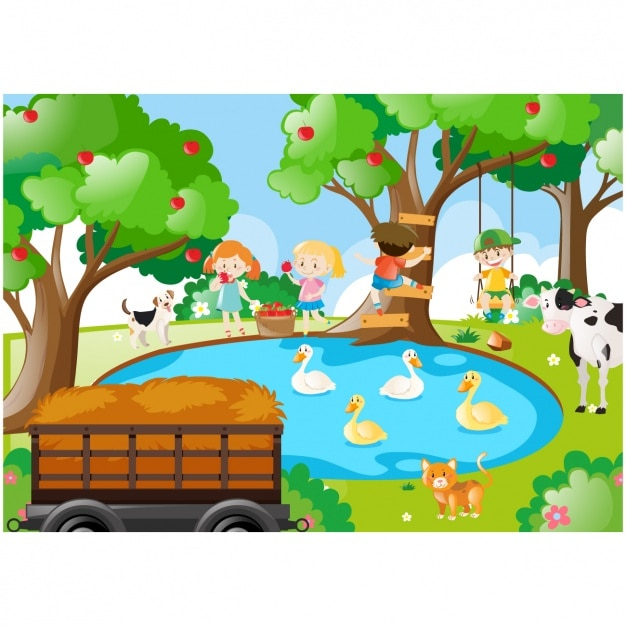 background,tree,kids,children,animal,cat,wallpaper,color,animals,kid,child,cow,backdrop,colorful background,trees,cart,duck,colour,lake,colourful background