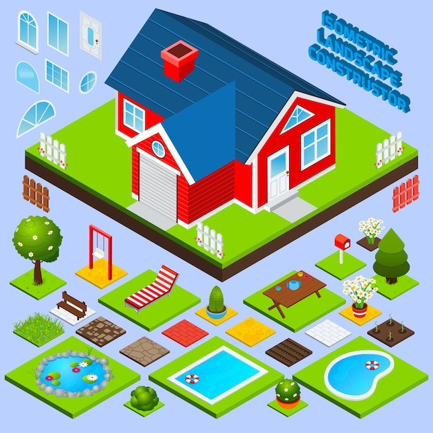 flower,tree,water,design,house,nature,table,construction,landscape,icons,grass,3d,architecture,isometric,elements,chair,illustration,buildings,stone