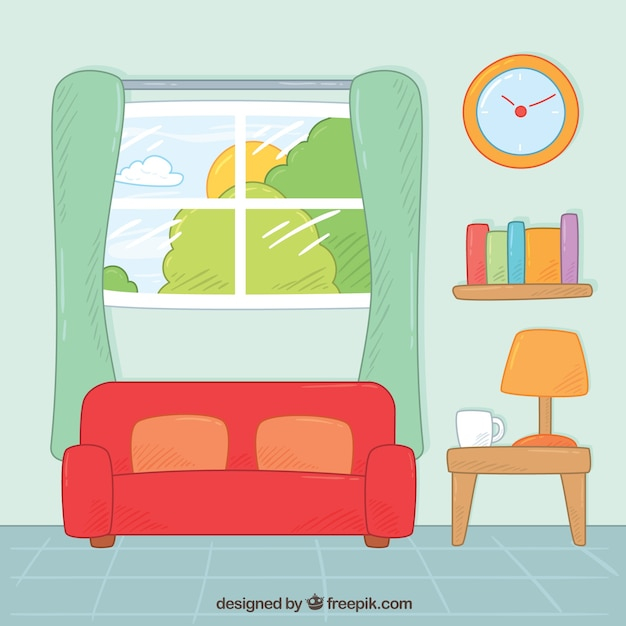 house,hand,home,hand drawn,furniture,room,window,curtain,sofa,property,hand painted,handdrawn,drawn,living,painted,livingroom,residential