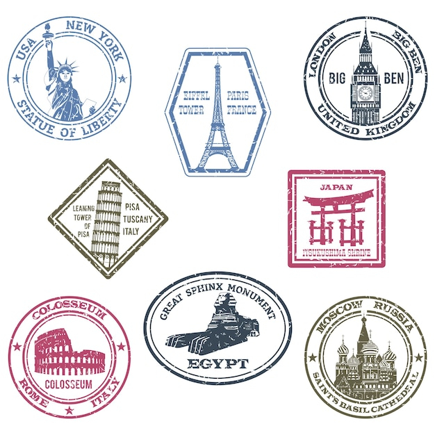 travel,badge,stamp,world,japan,london,emblem,vacation,italy,france,egypt,europe,trip,eiffel tower,temple,pyramid,stamps,tower,landmark,eiffel