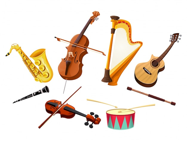  music, cartoon, graphic, guitar, sound, concert, group, wind, band, violin, drum, saxophone, instruments, musical, string, orchestra, object, collection, sax, set