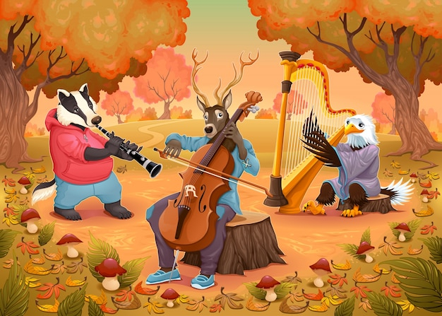  tree, music, wood, family, leaf, nature, character, cartoon, animal, forest, autumn, landscape, color, smile, happy, deer, eagle, group, funny, band