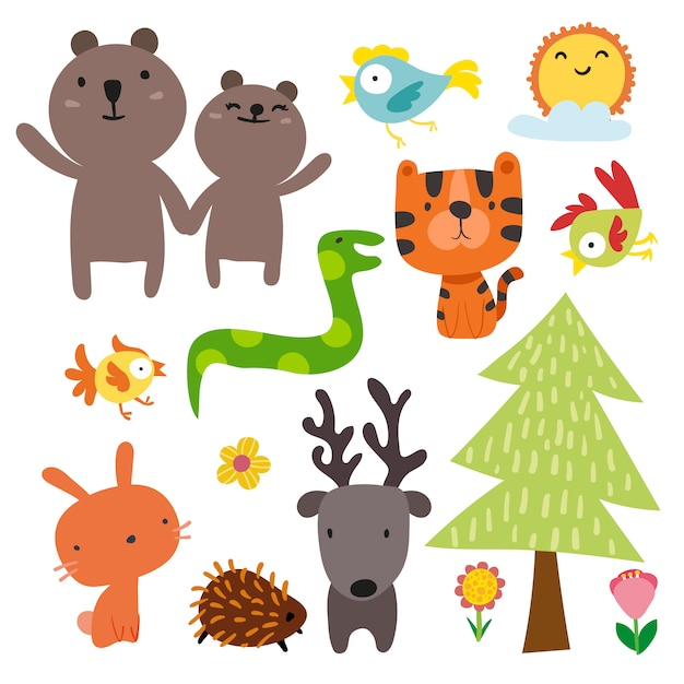 flower,tree,flowers,hand,bird,animal,sun,color,animals,bear,deer,elements,natural,tiger,pine,snake,colour,pine tree,hand painted,hedgehog