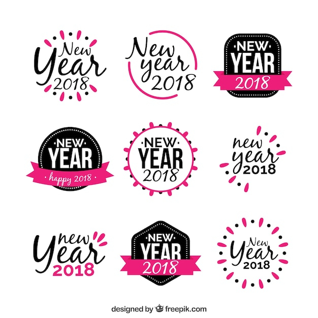  label, happy new year, new year, party, design, badge, sticker, pink, celebration, black, happy, badges, holiday, event, labels, happy holidays, flat, decoration, new, stickers