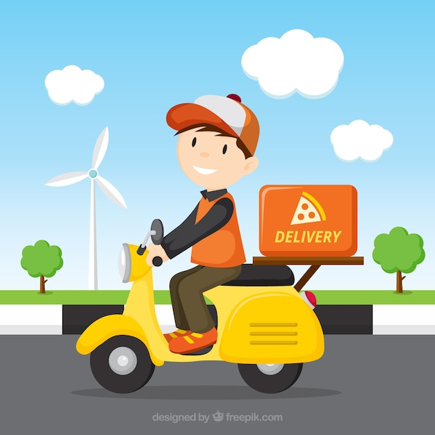  design, man, character, cartoon, pizza, cute, smile, happy, delivery, colorful, flat, smiley, transport, flat design, service, fun, cartoon character, cap, motorbike, logistics