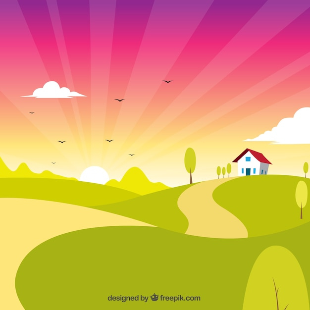 house,nature,cartoon,landscape,field,morning,sunrise,country,path,hill,countryside,meadow,rural,horizon,vertical,country house,farmhouse