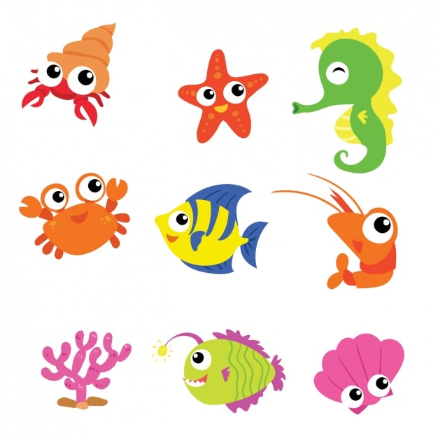  character, sea, fish, animal, cute, color, animals, ocean, colour, cute animals, crab, starfish, collection, set, seahorse, seashell, prawn, colored, sealife, coloured