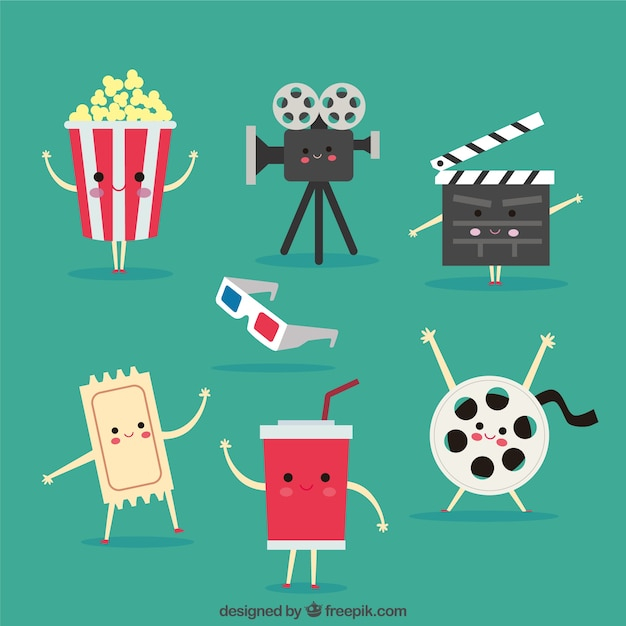  camera, cartoon, ticket, cute, cinema, film, movie, media, popcorn, characters, entertainment, production, multimedia, motion, film reel, reel, set, objects, nice, leisure
