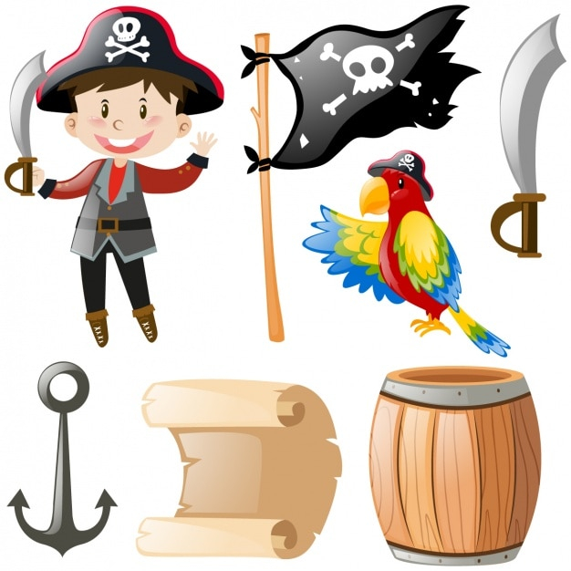 bird,kid,child,boy,anchor,adventure,pirate,sword,parchment,parrot,barrel,set,objects,nice