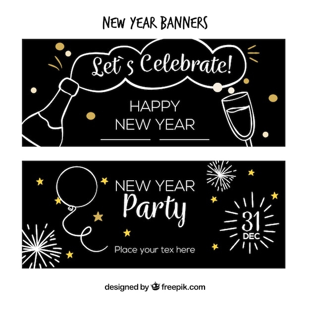 banner,happy new year,new year,party,hand,template,banners,hand drawn,ornaments,celebration,black,fireworks,happy,holiday,event,happy holidays,decoration,champagne,new,balloons