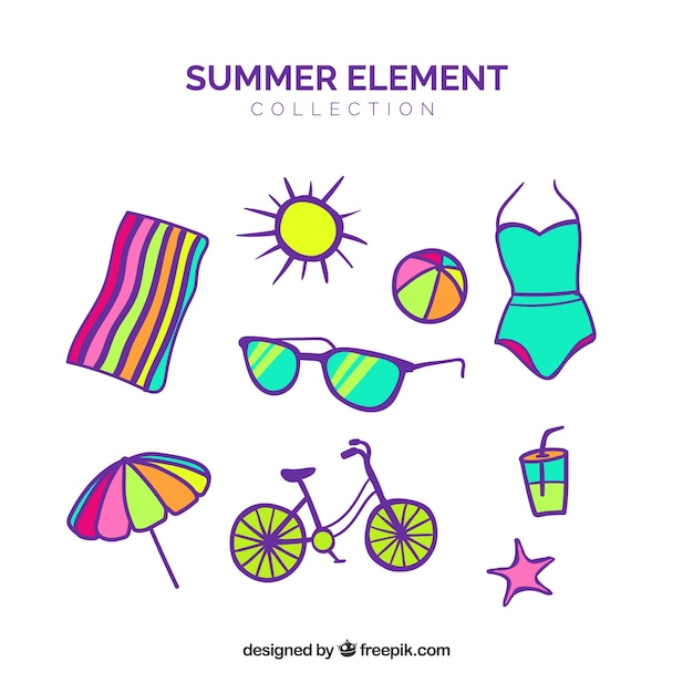 hand,summer,beach,sea,sun,hand drawn,icons,holiday,clothes,flat,umbrella,elements,sunglasses,vacation,sunshine,style,bikini,season,towel,drawn