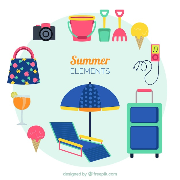 summer,camera,beach,sea,sun,icons,holiday,clothes,flat,ice,cube,umbrella,elements,vacation,sunshine,luggage,style,season,pack,collection