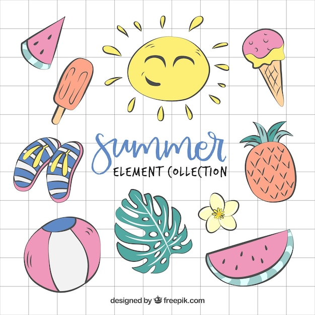 hand,summer,beach,sea,sun,hand drawn,icons,fruits,holiday,ice,elements,vacation,sunshine,style,season,drawn,pack,collection,set,flip flops