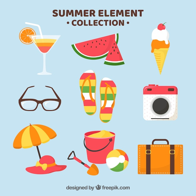 food,summer,camera,beach,sea,sun,ice cream,holiday,clothes,flat,ice,drink,umbrella,elements,vacation,cream,sunshine,luggage,style,season