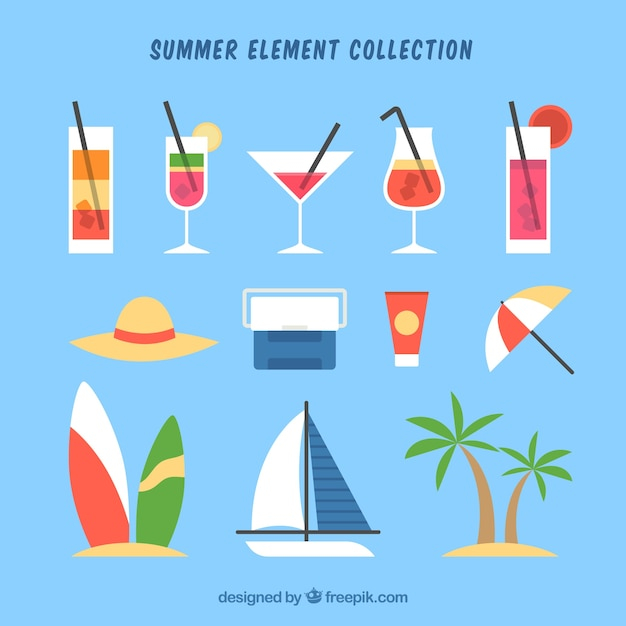 food,summer,beach,sea,sun,holiday,clothes,flat,hat,umbrella,elements,drinks,vacation,sunshine,style,season,pack,sailboat,collection,set
