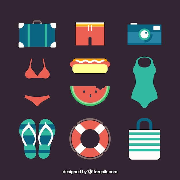 food,summer,camera,beach,sea,sun,holiday,clothes,flat,elements,vacation,sunshine,luggage,style,season,pack,collection,set,flip flops,flip