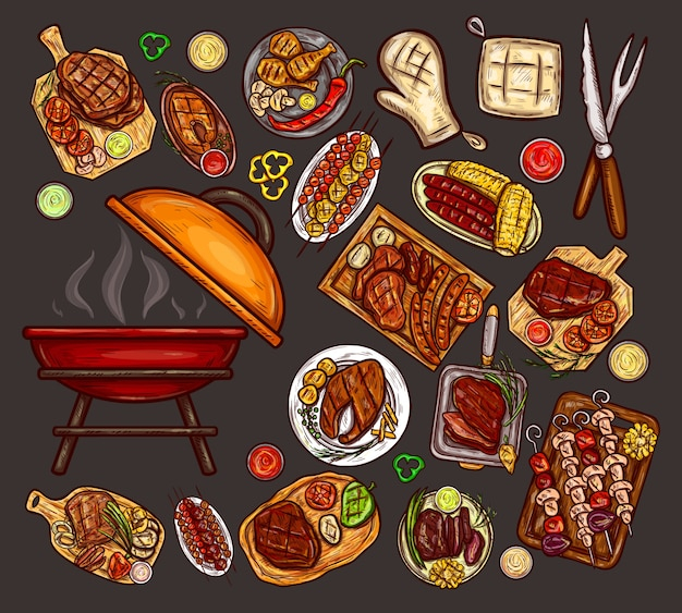  background, banner, food, menu, party, summer, fish, chicken, banner background, meat, elements, plate, vegetable, illustration, food menu, bbq, barbecue, eat, fork