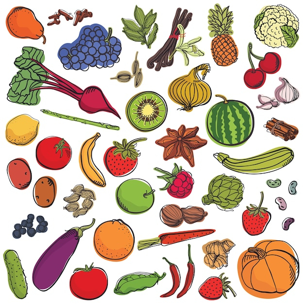  food, vintage, leaf, kitchen, fruit, health, icons, vegetables, colorful, apple, drawing, banana, illustration, pineapple, lemon, pumpkin, food icon, watermelon, tomato, grapes