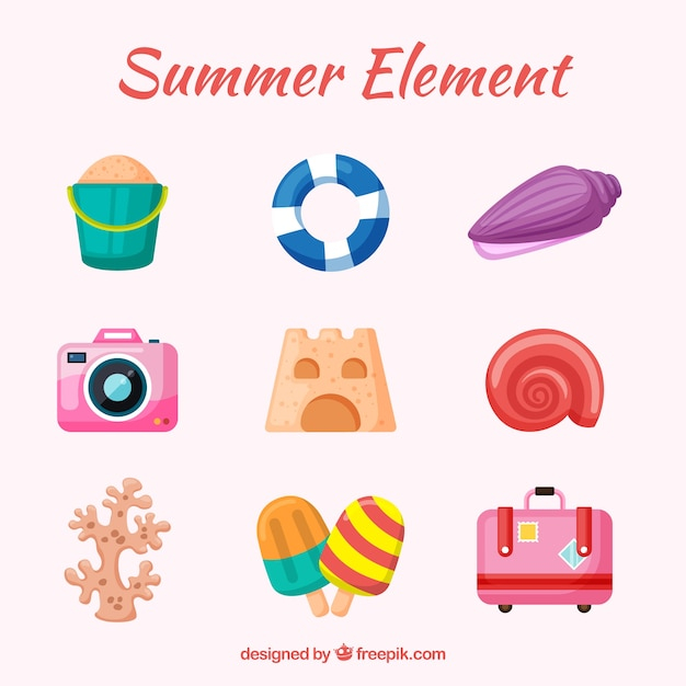food,summer,camera,beach,sea,sun,icons,holiday,clothes,flat,ice,elements,vacation,sunshine,luggage,style,season,pack,collection,set