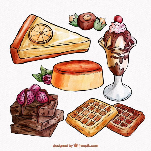 watercolor,food,chocolate,milk,sweet,cream,sweets,cakes,pastry,style,flour,eggs,pack,collection,vanilla,delicious,set,desserts,berries,waffles