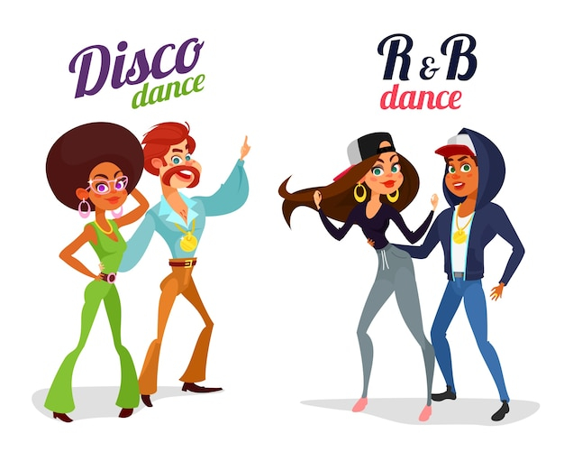 Free: Two vector cartoon couples dancing dance in disco style and rhythm  and blues 