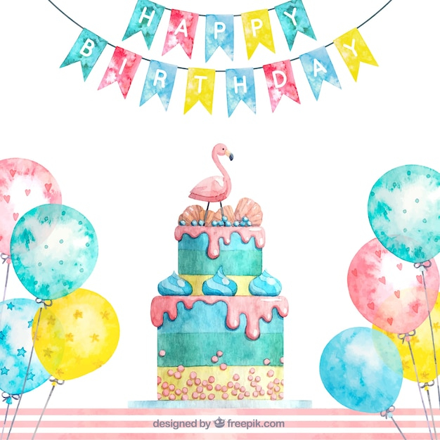  watercolor, birthday, invitation, happy birthday, party, gift, box, cake, gift box, anniversary, celebration, happy, confetti, present, balloons, gifts, celebrate, flamingo, sweets, candles