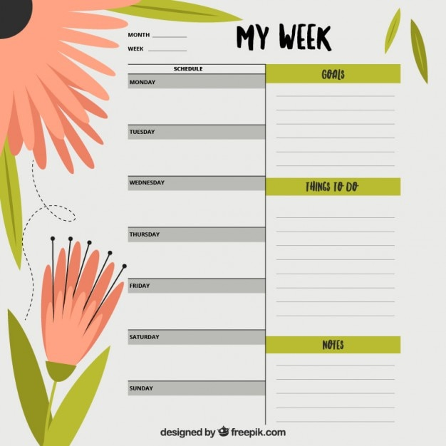 calendar,floral,flowers,template,time,list,plan,notes,schedule,date,planner,diary,day,timetable,weekly planner,week,daily,organizer,weekly
