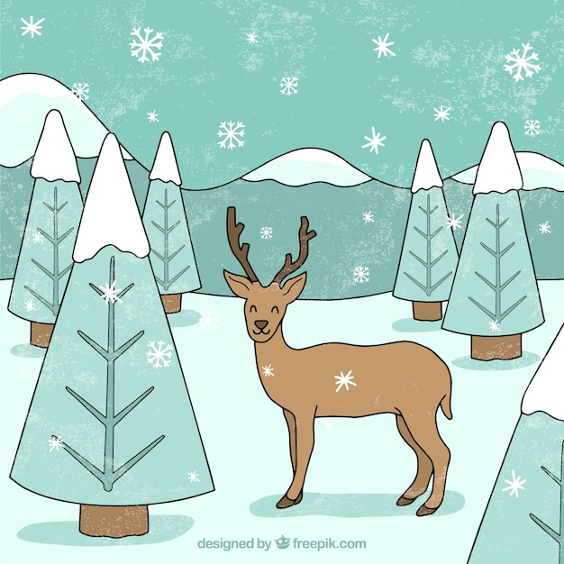 winter,snow,design,hand,nature,mountain,hand drawn,landscape,deer,trees,december,mountains,cold,season,drawn,winter tree,seasonal
