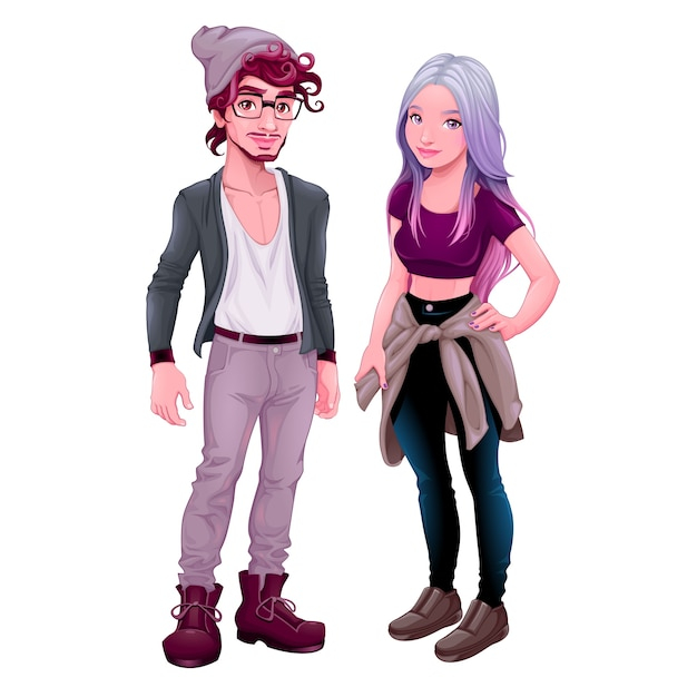  people, fashion, character, cartoon, student, comic, hipster, smile, happy, glasses, couple, boy, hat, dress, lady, female, young, teen, male, guy