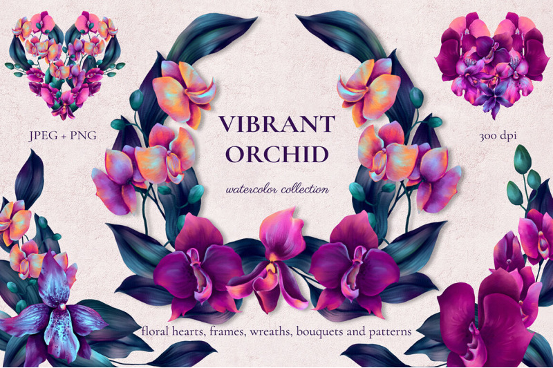 orchid,vibrant,frames,wreaths,bouquets,patterns,watercolor,300dpi