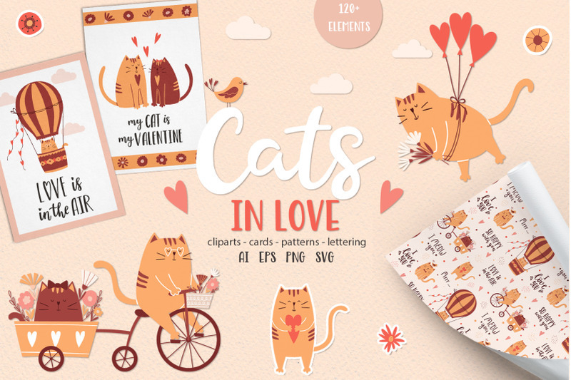 cats,cliparts,patterns,lettering,love,ai,eps,png,svg