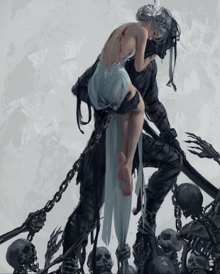 artwork,fantasy,chains,bone,hell,love,drawing,drawn,save angle,angles,holding hands,holding girl on hand,woman,injured woman