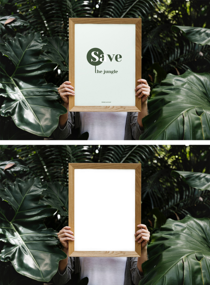 mockup,frame,woman,women holding frame,leaf background,green background,tropical