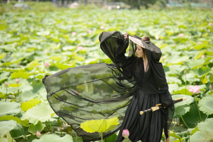 woman,lotus,field,ancient chinese,heroine,hero,asian woman,chinese,china,sword,black dress,nef format,raw,young woman,girl,person,alone,one,a,asia,clothing,cool,style,wear,hand,out door