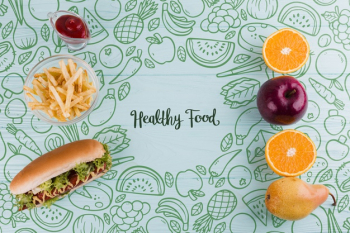 Flat lay composition of healthy and unhealthy food Free Psd