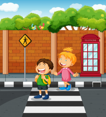 Cute School kids with backpack walking crossing road near traffic light on  zebra crossing on the way to school 9295319 Vector Art at Vecteezy