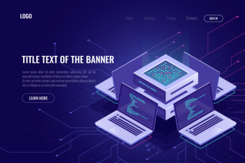 Artificial intelligence isometric abstract banner, neural network, server computers