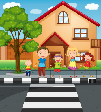 Cute School kids with backpack walking crossing road near traffic light on  zebra crossing on the way to school 9295319 Vector Art at Vecteezy