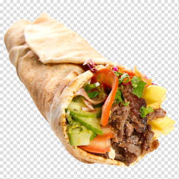 Wrapped food with tomatoes, cucumber, meat, and vegetables, Doner kebab Wrap Turkish cuisine Deniz Kebab House Turkish Kitchen, pizza transparent background PNG clipart