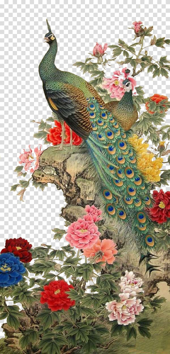 Male peacock on cliff illustration, Chinese painting Gongbi Bird-and-flower painting, birds transparent background PNG clipart