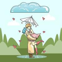 Cute Boys in Rain for Monsoon Season Concept. Stock Illustration