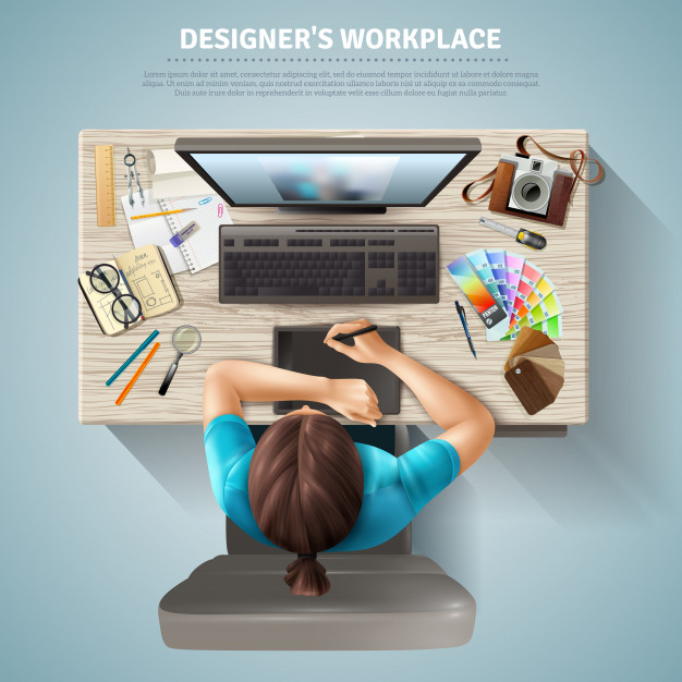 specialist,occupation,realistic,top,view,notepad,magnifier,professional,female,project,ruler,workplace,designer,plan,title,illustration,process,stationery,board,pencil,glasses,work,table,character,camera,paper,woman,computer,people