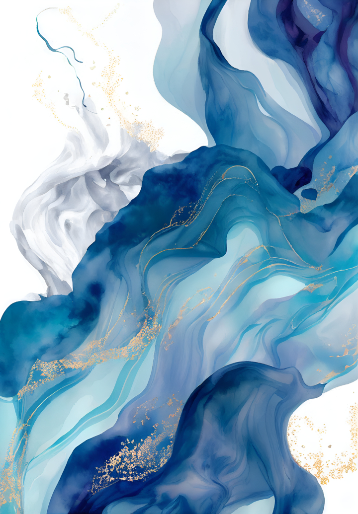 Blue Watercolor Painting Acrylic Ink Flow, Gold Texture Background