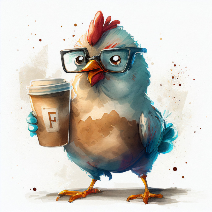 ai generated,midjourney,watercolor,cartoon,chicken,coffee,to go coffee,drawing,animals