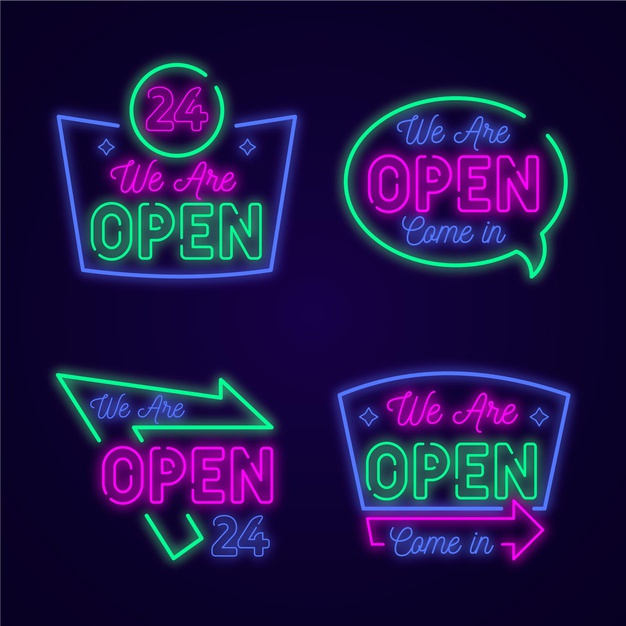 reopening,reopen,back in business,come,we are open,open sign,set,collection,back,open,welcome,sign,neon,shop,light,business