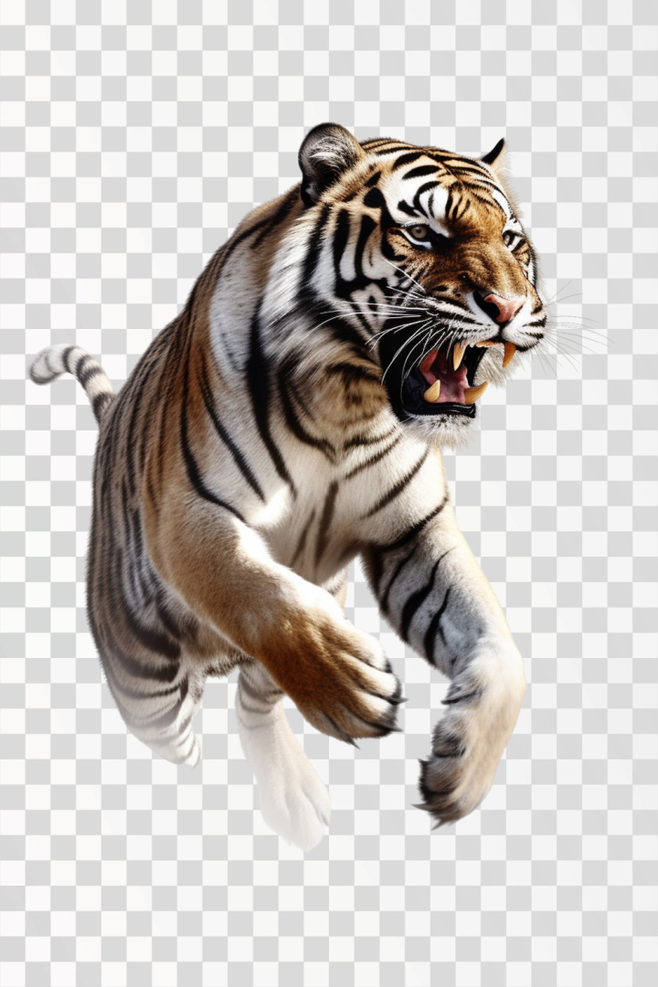 Dangerous Bengal Tiger Roaring and Jumping Isolated on White