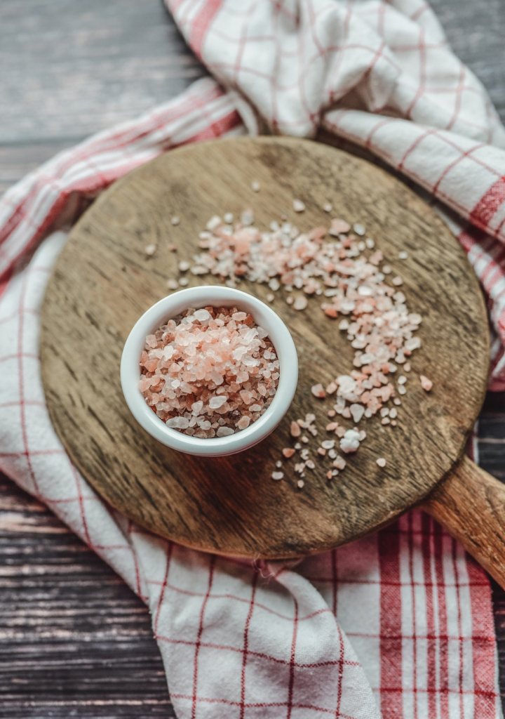bowl,dry,from above,himalayan sea salt,ingredients,sea salt,spice,table,textile,wooden