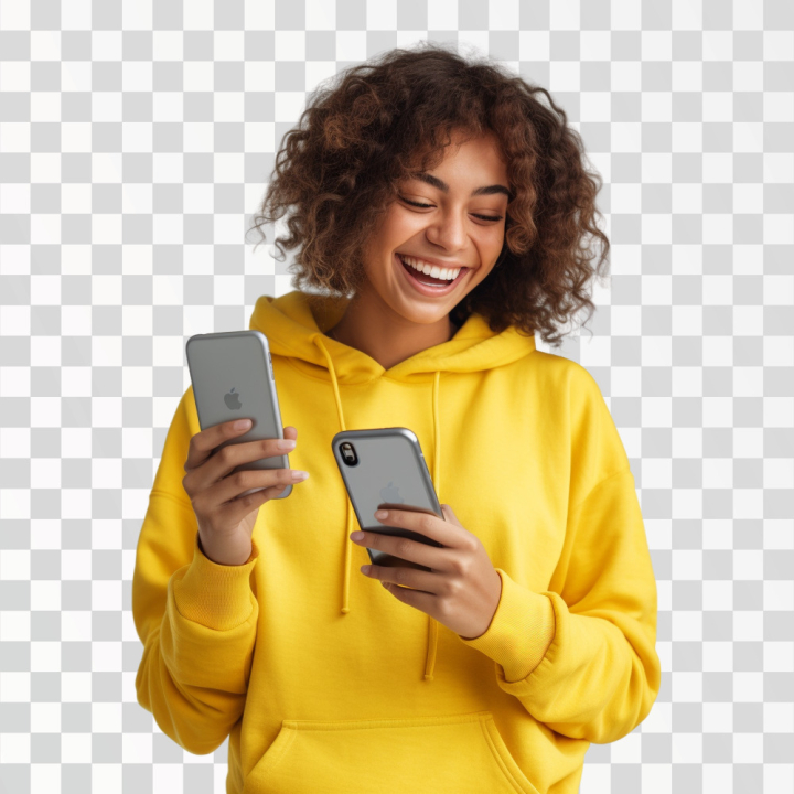 woman,ai generated,using phone,smartphone,happy,yellow,sweatshirt,young,photorealistic,phone,cell,girl,isolated,person,people,background,cellphone,portrait,pink,studio,model,telephone,white,message,technology,smart,contact,student,fashion,beauty,sweater,camera,device,mockup,brunette,communication,browsing,network,hair,female,gesture,sms,mobile,beautiful,reading,touchscreen,connection,texting,apps,gadget,typing,touch,messaging,standing,chatting