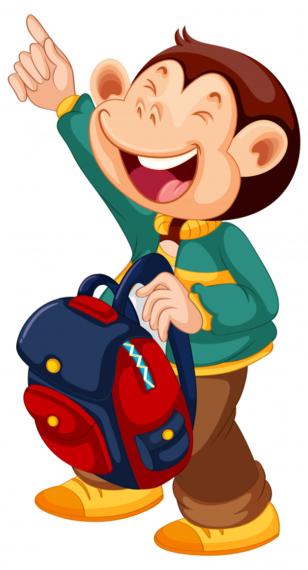 isolated,cheerful,ape,clipart,male,clip,happiness,backpack,young,picture,fun,drawing,monkey,person,kid,graphic,happy,smile,art,cute,student,cartoon,character